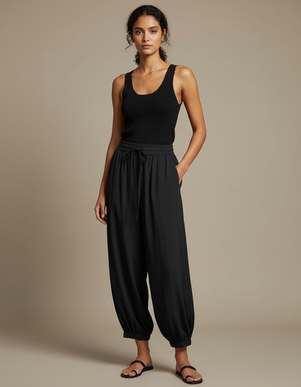 Pantalon Fluide Noir Ample Cordon Cheville Décontracté - Polyester