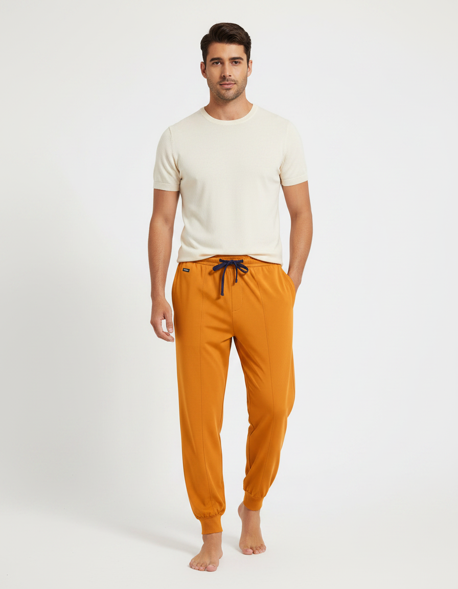 Pantalon Fluide Ocre Jogger Confortable Homme - Orange Viscose