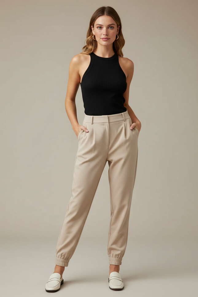Pantalon Fluide Beige Élastiqué Chevilles Chic Femme - Polyester