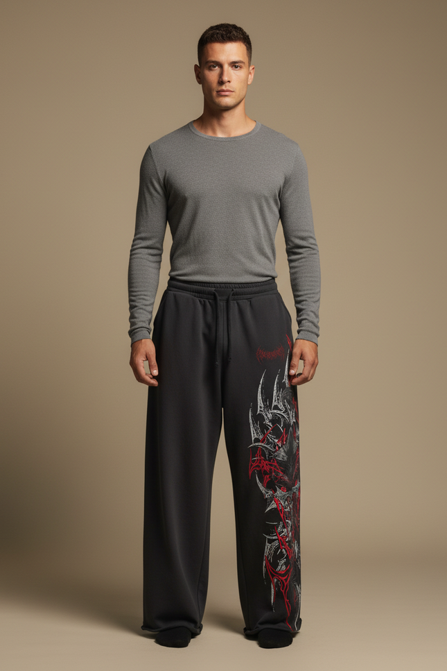 Pantalon Fluide Ample Imprimé Gothique Noir Rouge Homme - Molleton