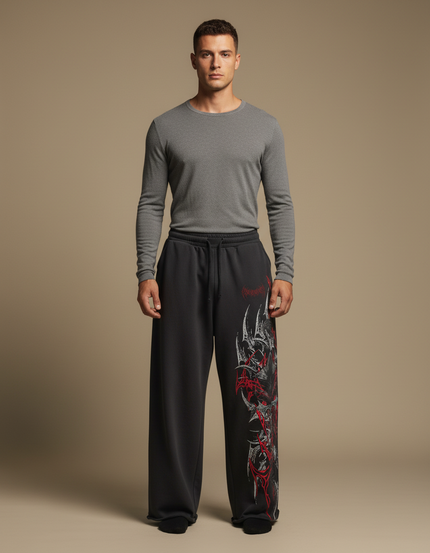 Pantalon Fluide Ample Imprimé Gothique Noir Rouge Homme - Molleton