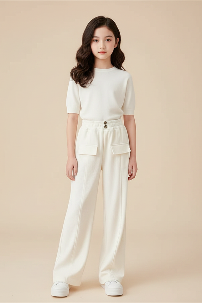 Pantalon Fluide Blanc Ample Décontracté Enfant - Maille