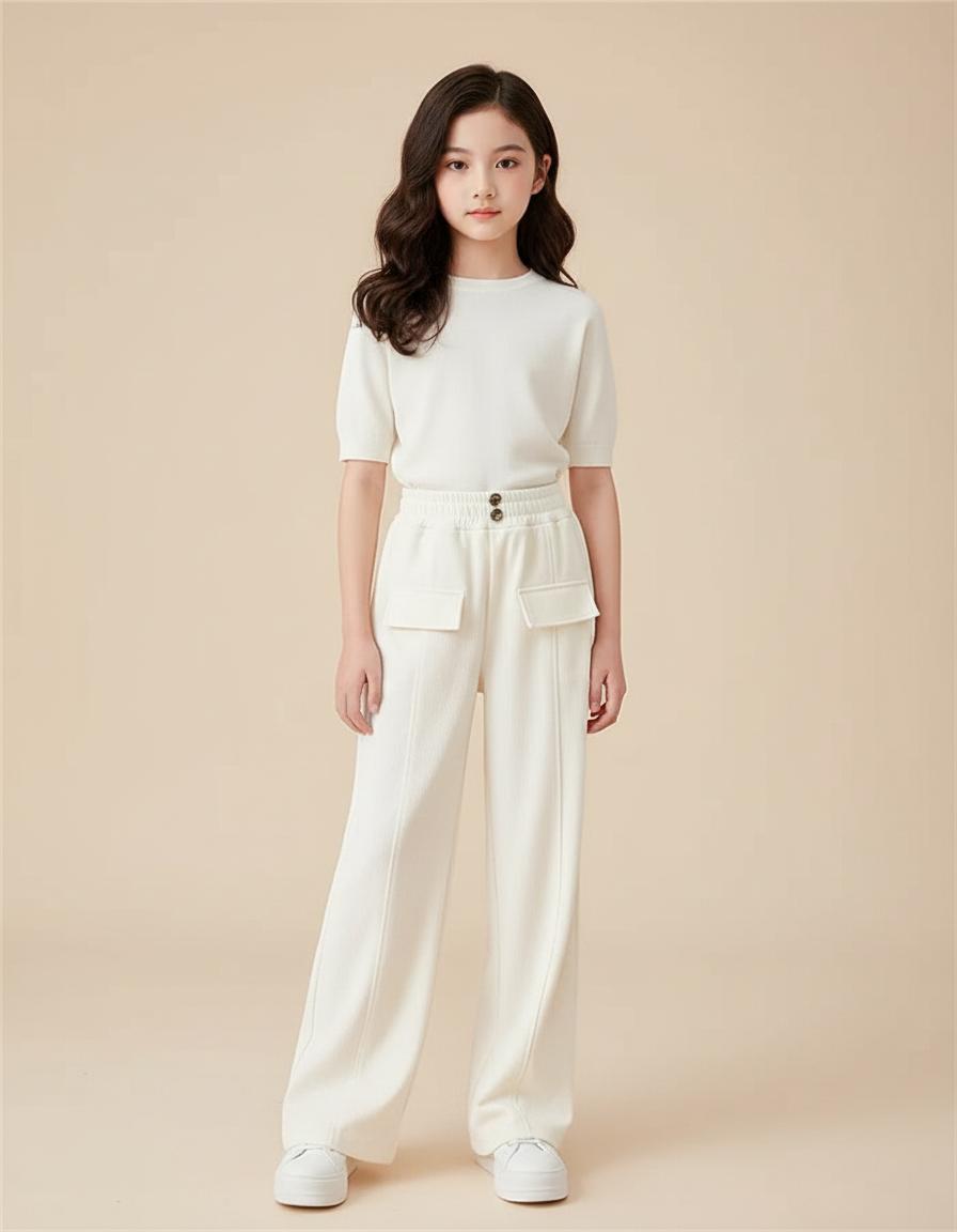 Pantalon Fluide Blanc Ample Décontracté Enfant - Maille