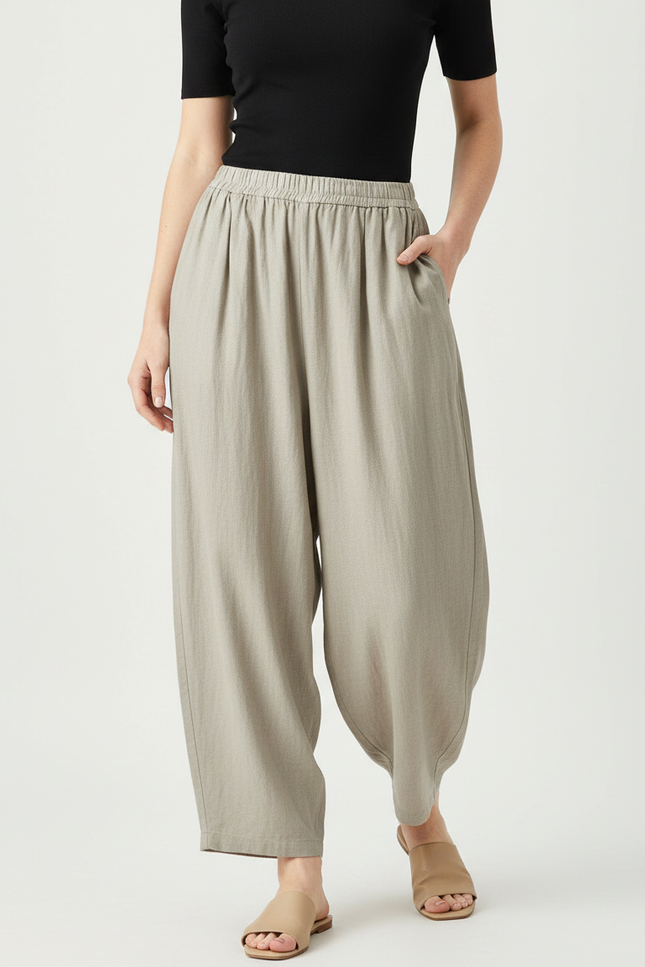 Pantalon Fluide Écru Ample Coton Lin Femme Décontracté - Kaki