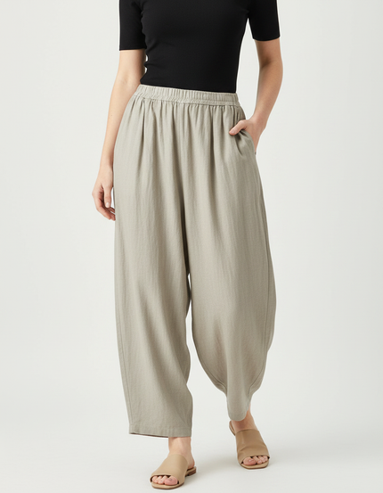 Pantalon Fluide Écru Ample Coton Lin Femme Décontracté - Kaki