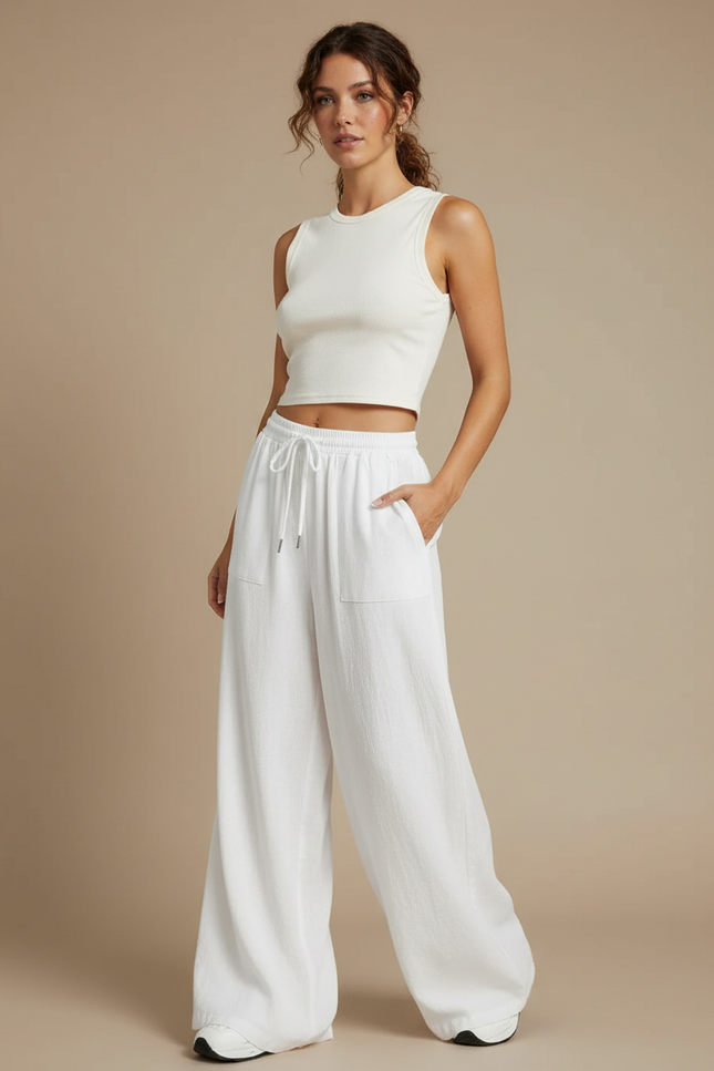 Pantalon Fluide Blanc Ample Cordon Décontracté - Lin