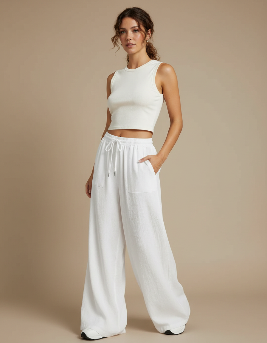Pantalon Fluide Blanc Ample Cordon Décontracté - Lin