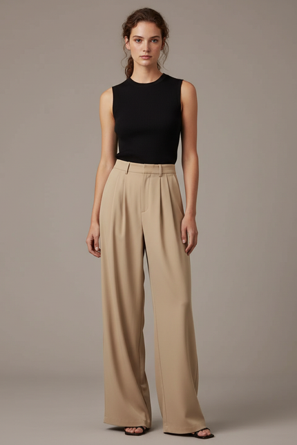 Pantalon Fluide Beige Large Taille Haute Plissé - Polyester