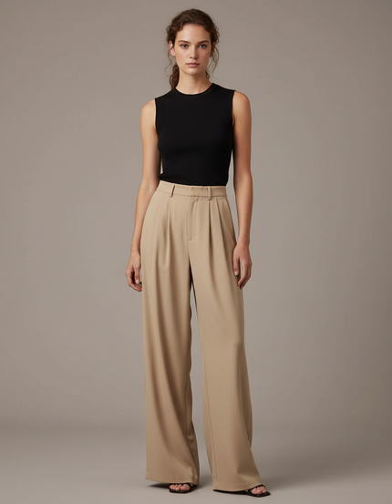 Pantalon Fluide Beige Large Taille Haute Plissé - Polyester