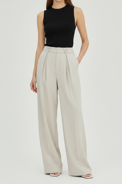 Pantalon Fluide Beige Large Taille Haute Décontracté - Viscose