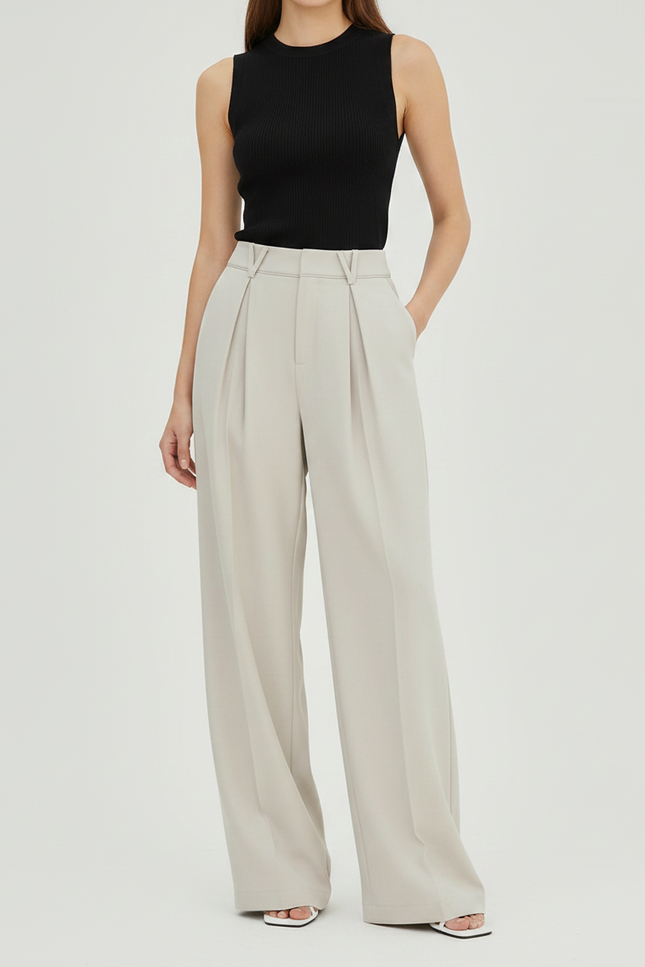 Pantalon Fluide Beige Large Taille Haute Décontracté - Viscose