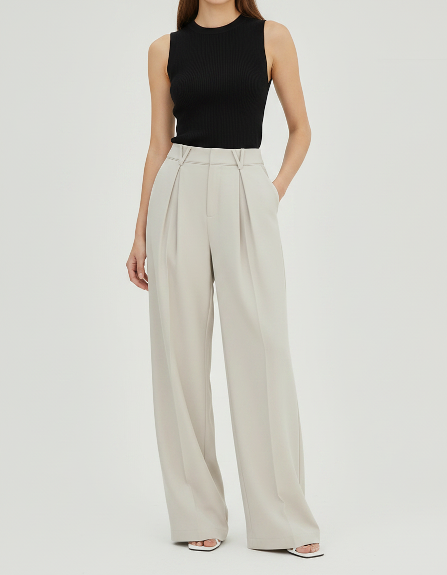 Pantalon Fluide Beige Large Taille Haute Décontracté - Viscose