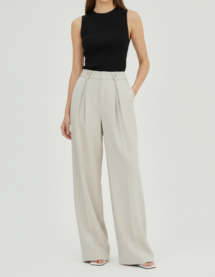 Pantalon Fluide Beige Large Taille Haute Décontracté - Viscose