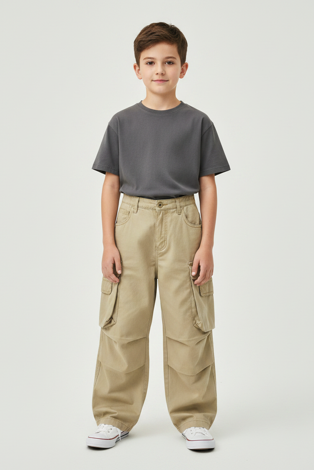 Pantalon Fluide Kaki Ample Coton Cargo Enfant - Toile