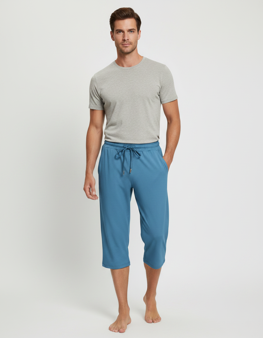 Pantalon Fluide Bleu Cordon Décontracté Court Homme - Viscose