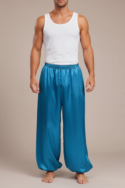 Pantalon Fluide Satiné Turquoise Ample Homme Scène - Bleu