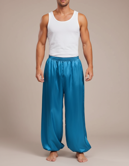 Pantalon Fluide Satiné Turquoise Ample Homme Scène - Bleu