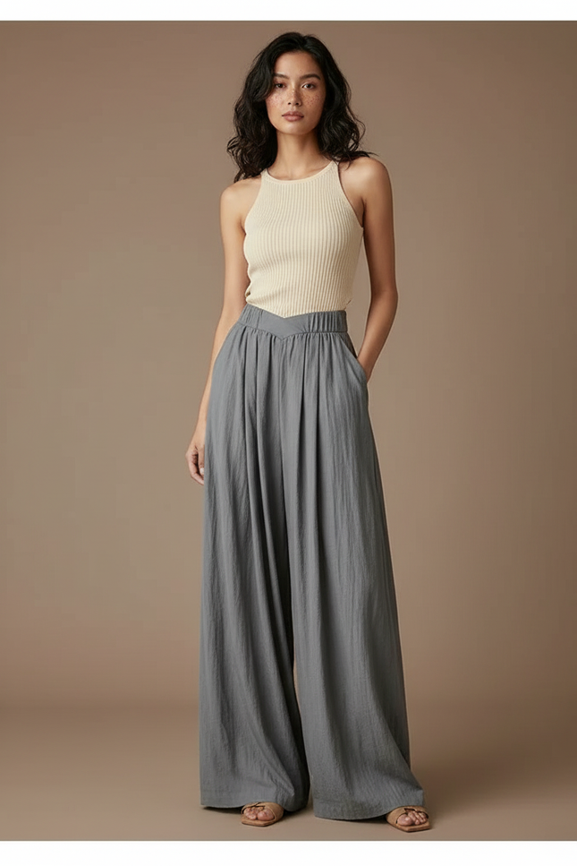 Pantalon Fluide Gris Ample Plissé Confortable - Lin