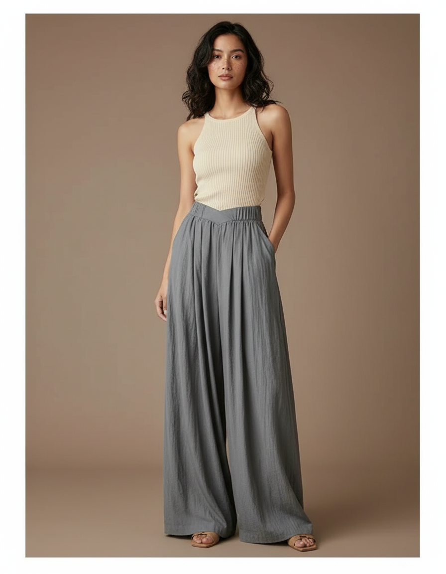 Pantalon Fluide Gris Ample Plissé Confortable - Lin