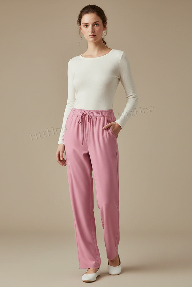 Pantalon Fluide Rose Droit Cordon Confortable Femme - Polyester