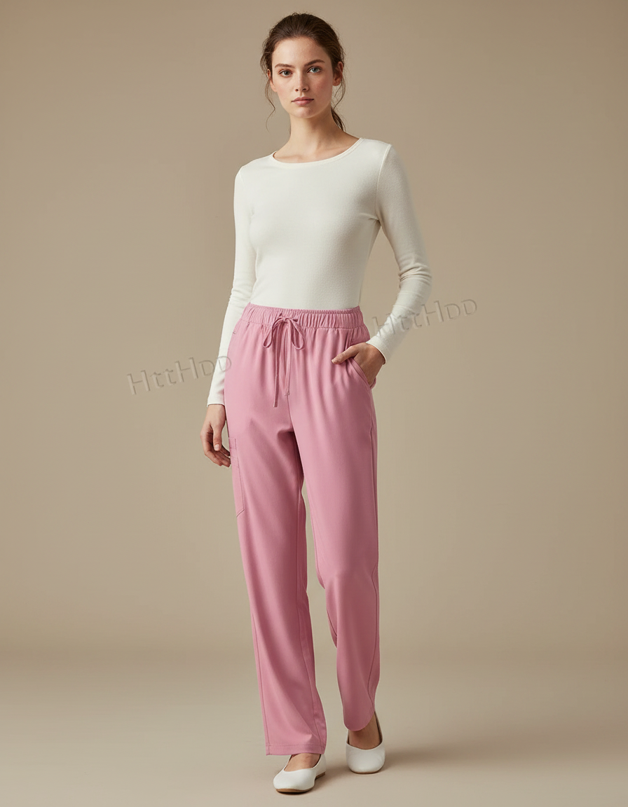 Pantalon Fluide Rose Droit Cordon Confortable Femme - Polyester