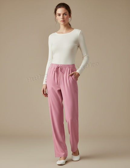 Pantalon Fluide Rose Droit Cordon Confortable Femme - Polyester
