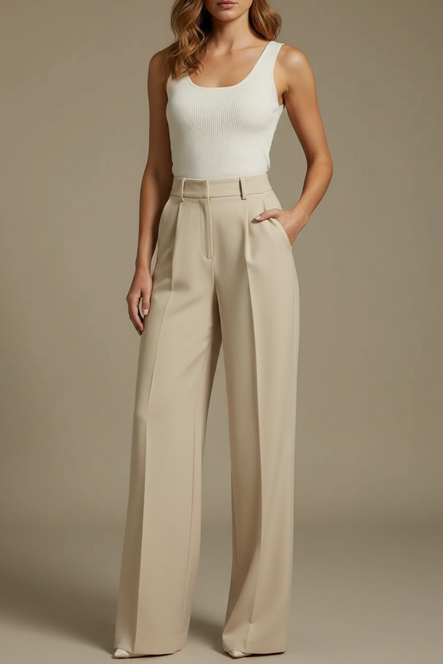 Pantalon Fluide Beige Large Taille Haute Plissé Elégant - Polyester