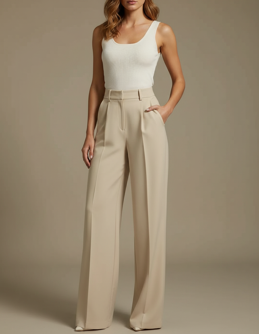 Pantalon Fluide Beige Large Taille Haute Plissé Elégant - Polyester