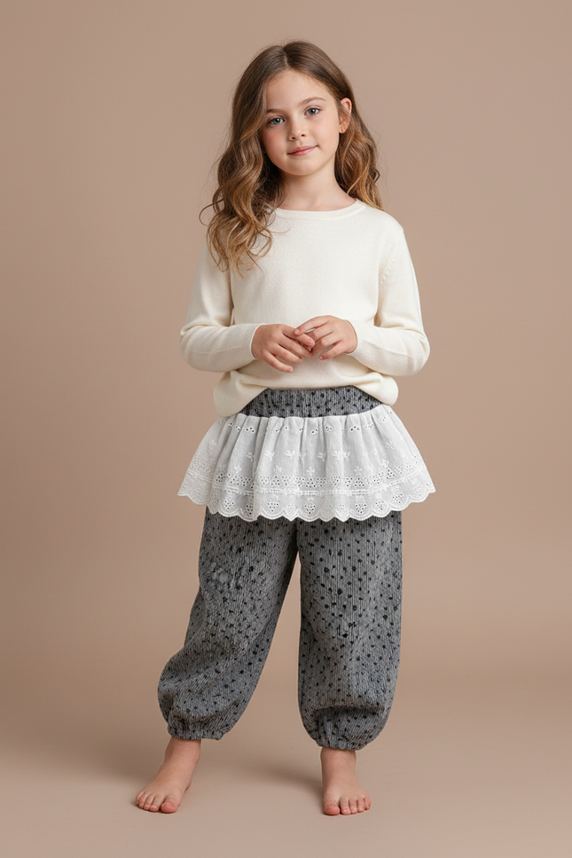 Pantalon Fluide Gris Ample Imprimé Floral Bébé Fille - Cordé