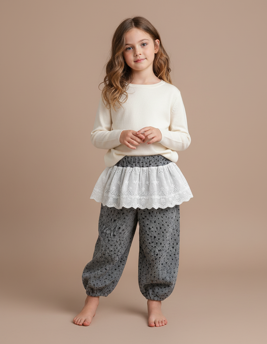 Pantalon Fluide Gris Ample Imprimé Floral Bébé Fille - Cordé