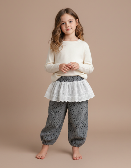 Pantalon Fluide Gris Ample Imprimé Floral Bébé Fille - Cordé