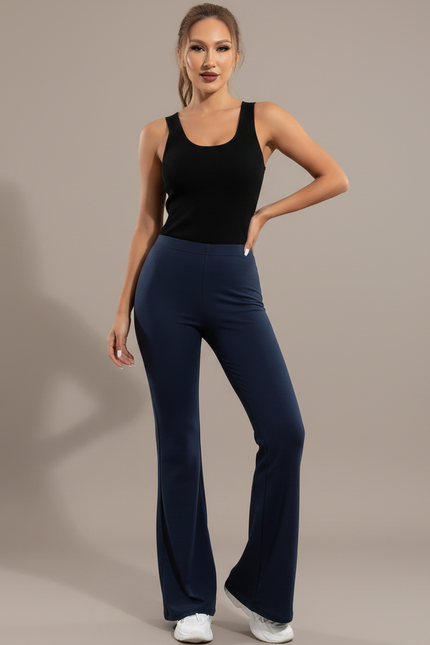 Pantalon Fluide Bleu Marine Évasé Taille Haute - Maille