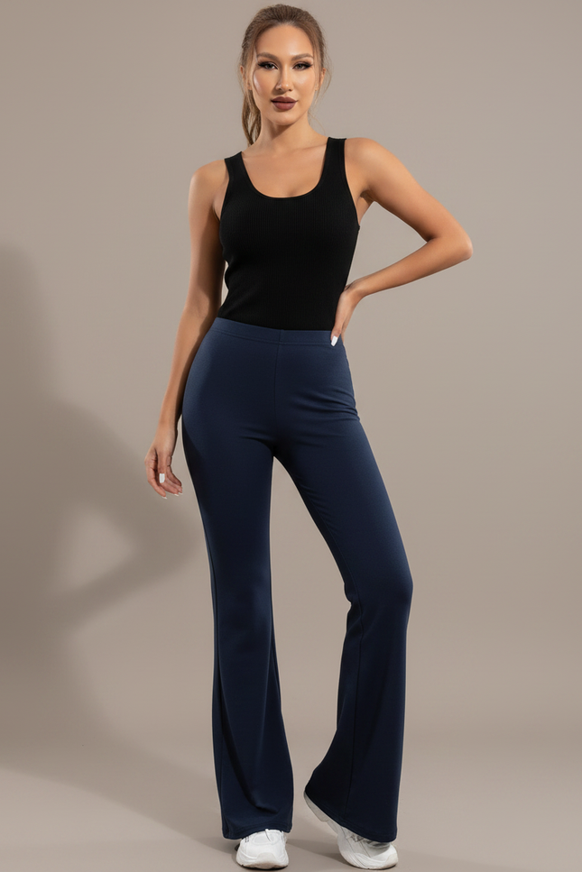 Pantalon Fluide Bleu Marine Évasé Taille Haute - Maille