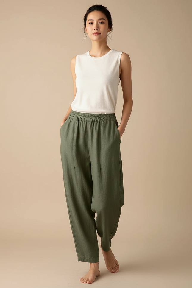 Pantalon Fluide Vert Militaire Ample Lin Harem Décontracté