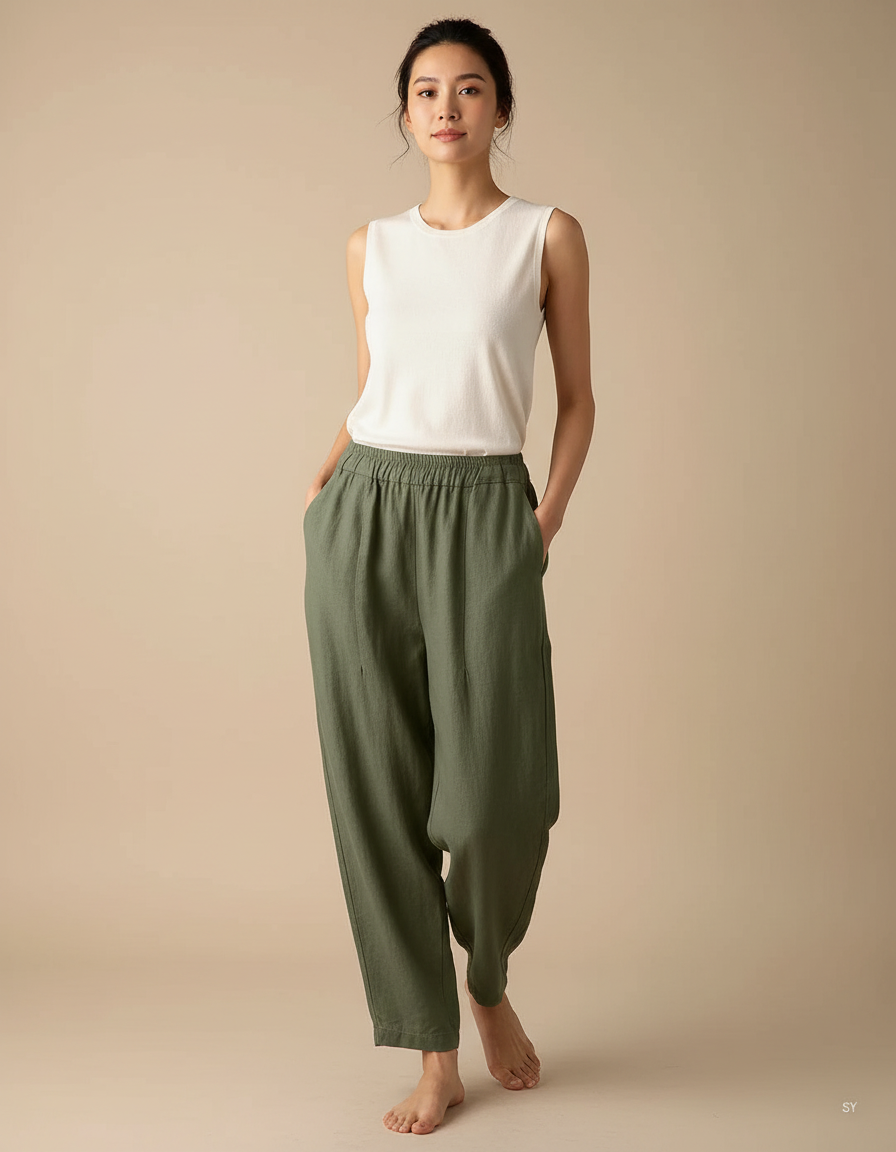 Pantalon Fluide Vert Militaire Ample Lin Harem Décontracté
