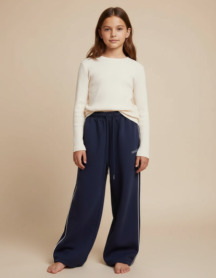 Pantalon Fluide Bleu Marine Large Rayures Blanches - Molleton