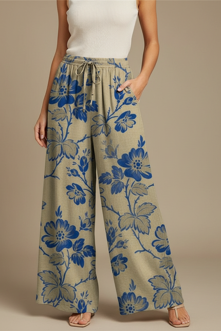 Pantalon Fluide Vert Fleuri - Kaki Lin