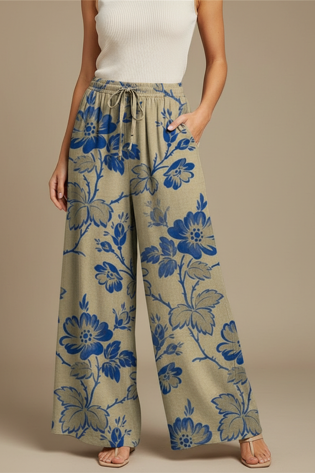 Pantalon Fluide Vert Fleuri - Kaki Lin