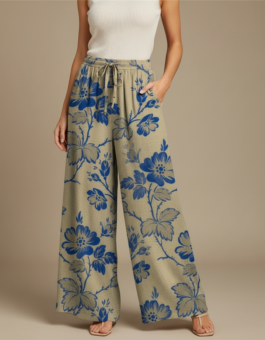 Pantalon Fluide Vert Fleuri - Kaki Lin