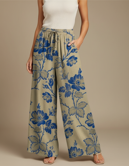 Pantalon Fluide Vert Fleuri - Kaki Lin