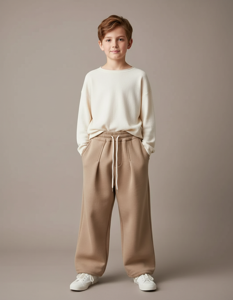 Pantalon Fluide Beige Coton Ample Épais Garçon - Molleton