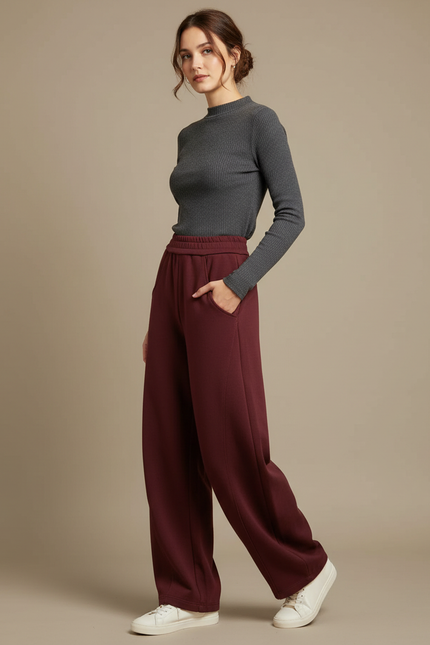 Pantalon Fluide Bordeaux Ample Décontracté Taille Haute Femme - Molleton