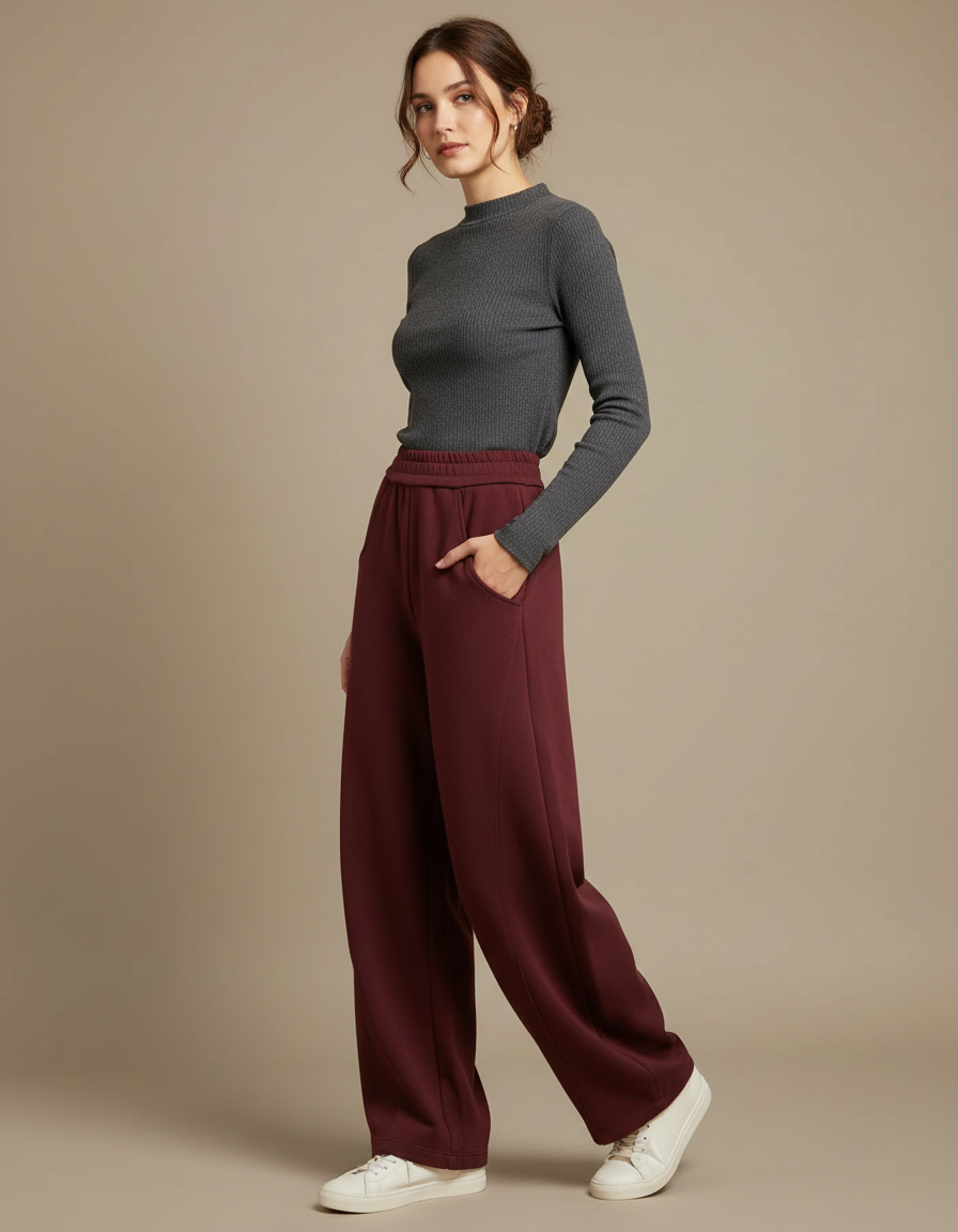 Pantalon Fluide Bordeaux Ample Décontracté Taille Haute Femme - Molleton