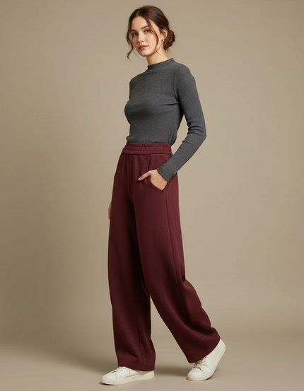 Pantalon Fluide Bordeaux Ample Décontracté Taille Haute Femme - Molleton