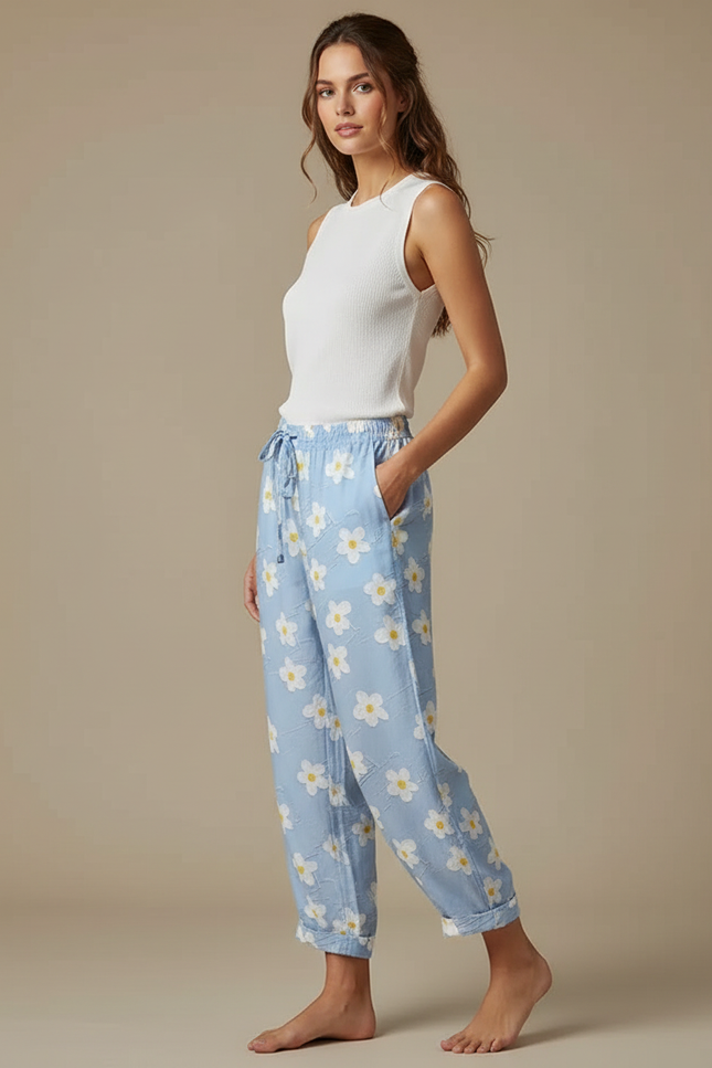 Pantalon Fluide Bleu Ciel Imprimé Fleurs Ample Décontracté - Viscose