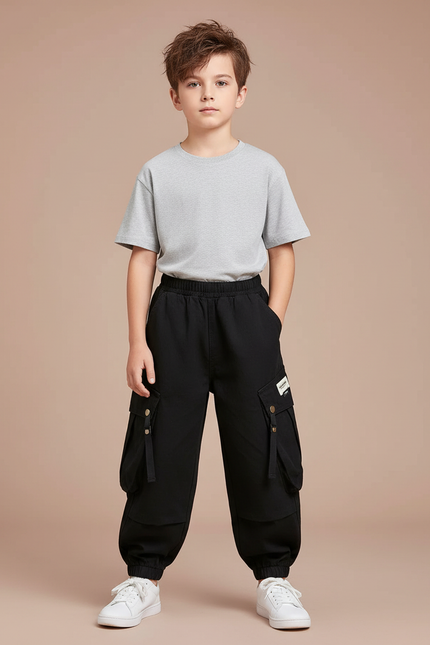 Pantalon Fluide Noir Cargo Coton Garçon Décontracté