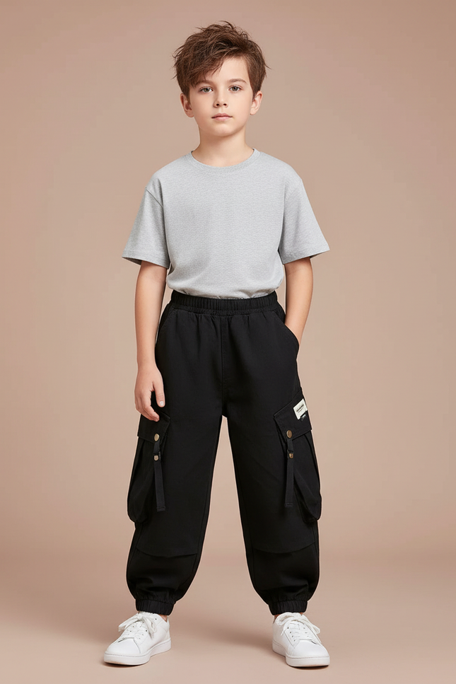 Pantalon Fluide Noir Cargo Coton Garçon Décontracté