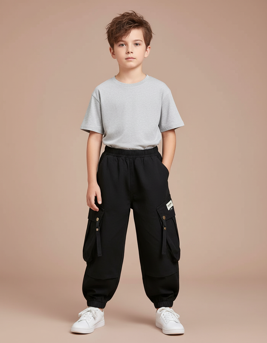 Pantalon Fluide Noir Cargo Coton Garçon Décontracté