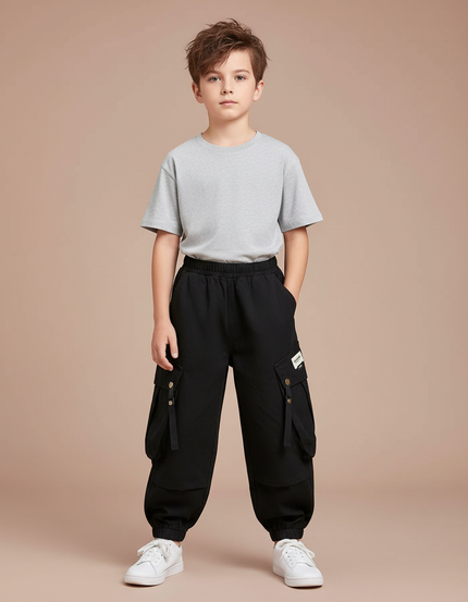 Pantalon Fluide Noir Cargo Coton Garçon Décontracté