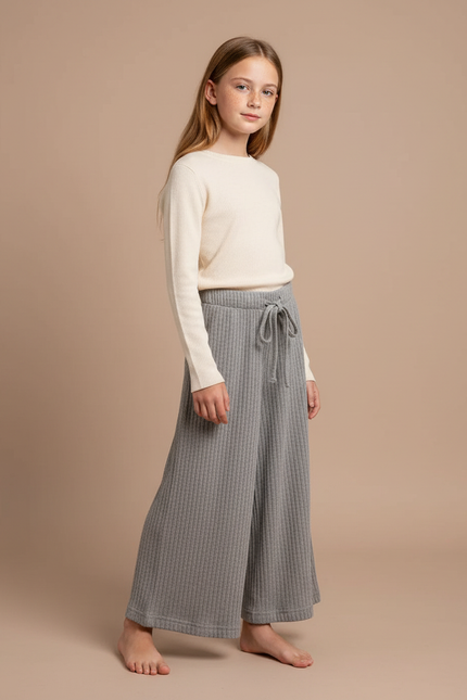 Pantalon Fluide Gris Côtelé Ample Confortable Fille - Maille